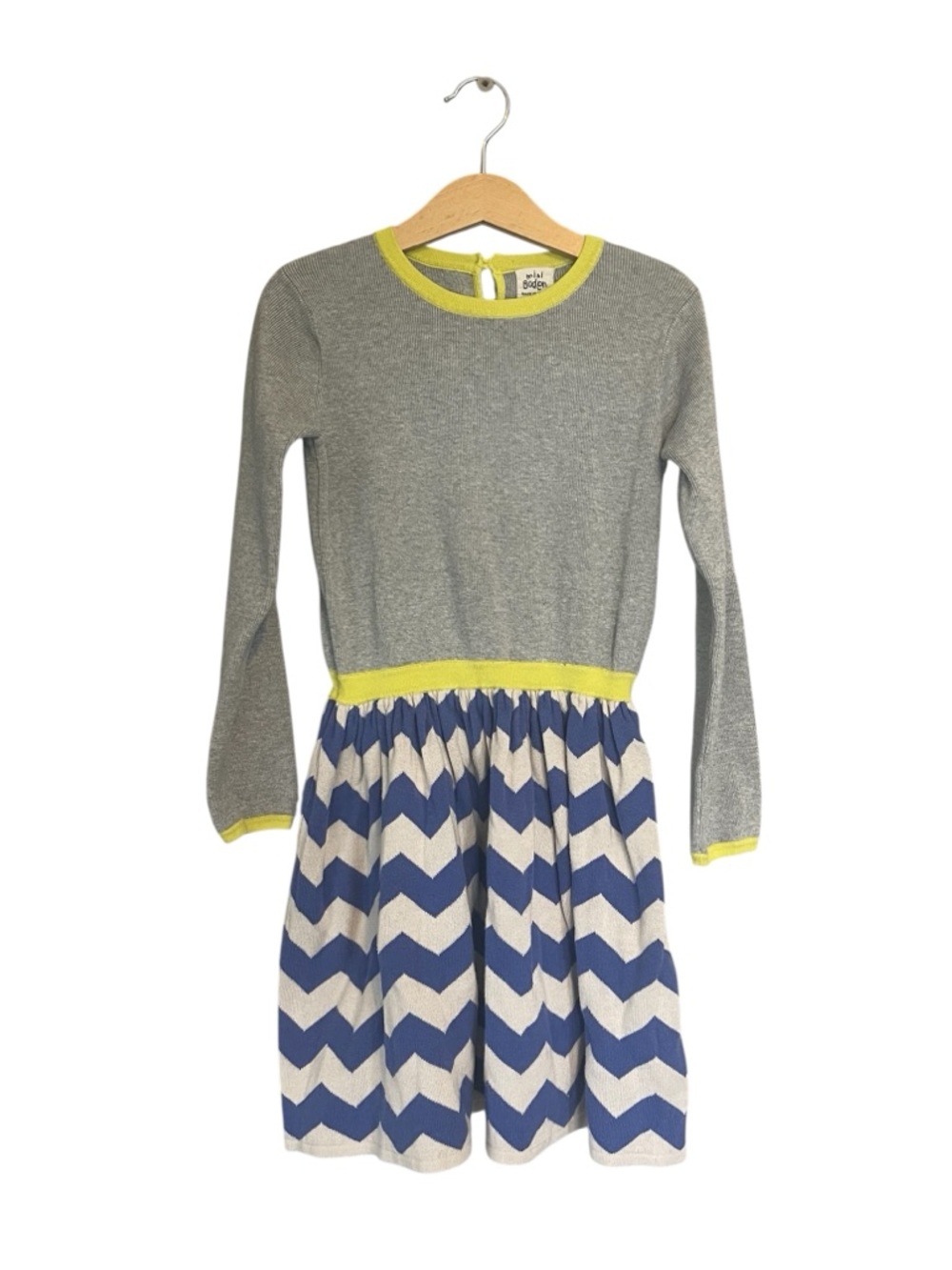 Mini Boden Grey Knit Dress with Blue Chevron Skirt and Yellow Trim